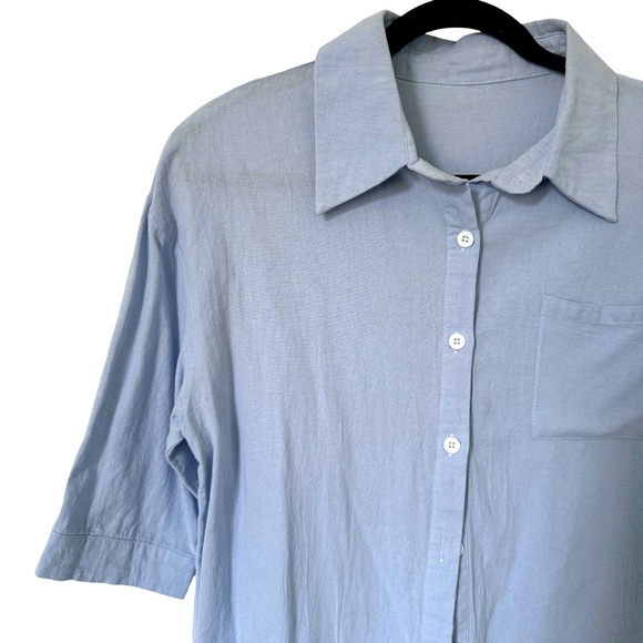 *Free* Shein Dropped Shoulder Pocket Patched Shirt Blue Top - Picture 2 of 13